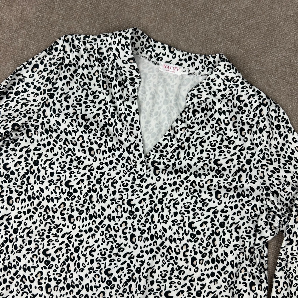 Halife Blouse Top Womens Large Multicolor Leopard Stretch V Neck Roll Tab Sleeve